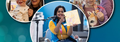 Three circular photos against a teal background: a librarian reads a picture book to children in the center image, while the side images show a young child with face paint smiling beside an adult, and another child proudly holding up two handmade bookmark