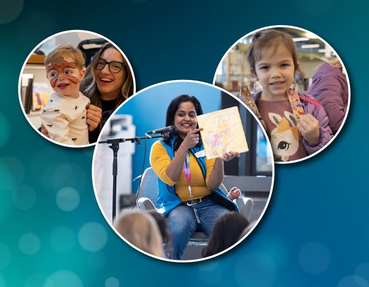 background image: Three circular photos against a teal background: a librarian reads a picture book to children in the center image, while the side images show a young child with face paint smiling beside an adult, and another child proudly holding up two handmade bookmark