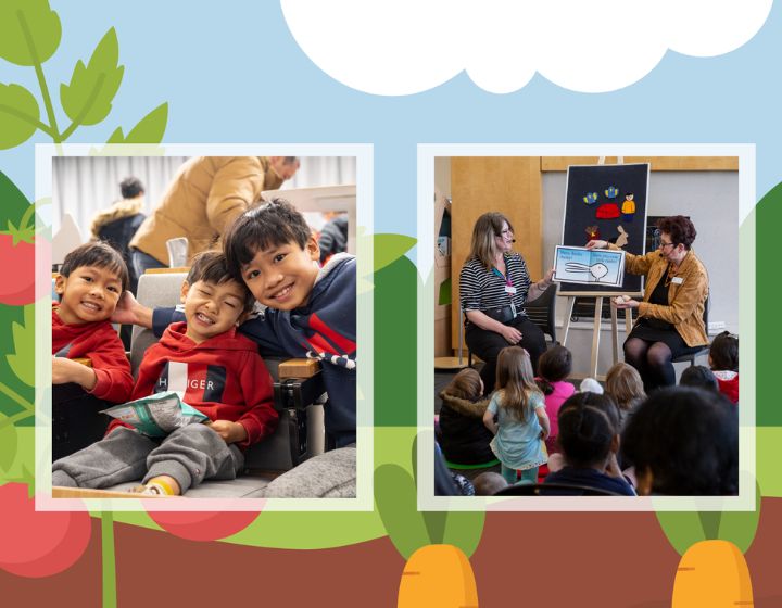 background image: A brightly coloured garden with two images of people enjoying reading activities.