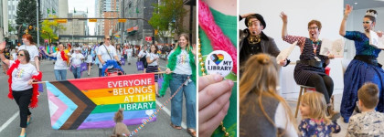 A collage that includes a photo of staff members participating in the Pride parade, a staff holding I love my Library button, and Reading with Royalty.