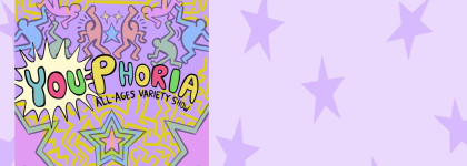 A fun design featuring outlined, dancing human figures in pastel colors against a yellow squiggly background. Large playful text reads “YOUphoria” with “YOU” in pastel blue and pink letters inside a yellow starburst shape, and “phoria” in purple, pink, an