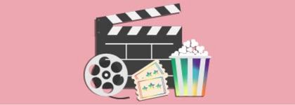 Illustration of a film reel, clapperboard, movie tickets, and rainbow-striped popcorn bucket on a pink background.