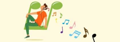 Illustration of a person sitting on a large green music note, listening to music on headphones with colorful notes floating away.