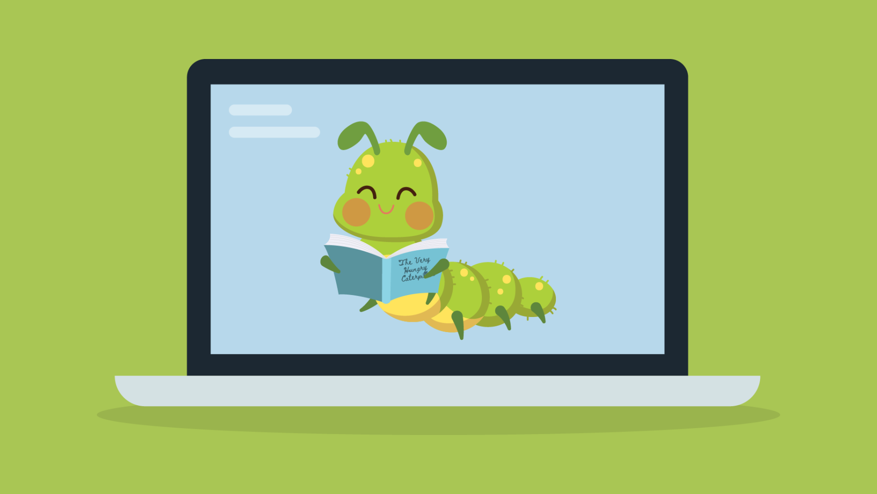 background image: An illustration of a laptop with a cute drawn caterpillar reading a book on the screen.