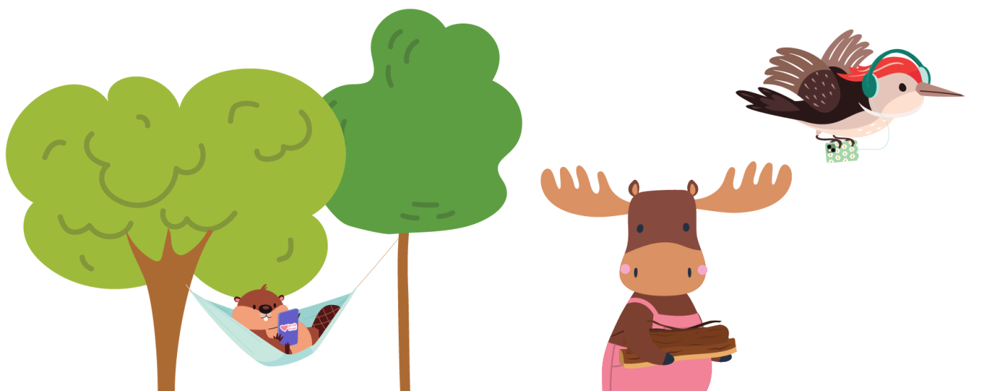 Illustration of a beaver reading in a hammock, a moose holding logs, and a bird wearing headphones for Ultimate Summer Challenge, USC 2026