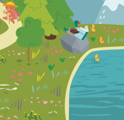 Illustrated outdoor mountain scene with animals reading and exploring, including biking on a forest path, fishing on a lake, and relaxing by the water used to promote Ultimate Summer Challenge, or USC 2026.