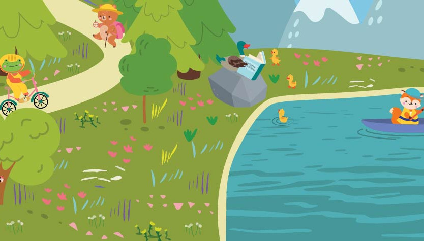 Illustrated outdoor mountain scene with animals reading and exploring, including biking on a forest path, fishing on a lake, and relaxing by the water used to promote Ultimate Summer Challenge, or USC 2026.