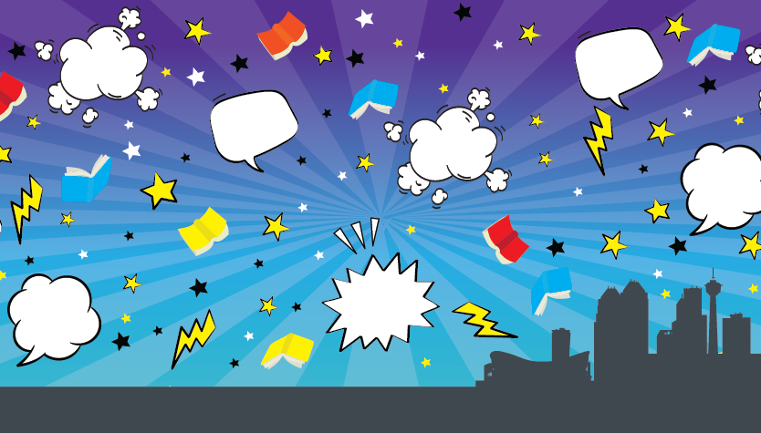 Graphic with illustrations of speech and thought bubbles, lightning bolts, and books. In the right bottom corner is the outline of the Calgary skyline. 