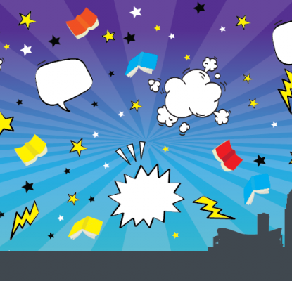 Graphic with illustrations of speech and thought bubbles, lightning bolts, and books. In the right bottom corner is the outline of the Calgary skyline. 