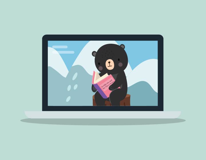 background image: Graphic of laptop showing a black bear sitting on a tree stump and reading a pink book to promote educator events for Ultimate Summer Challenge, or USC 2026