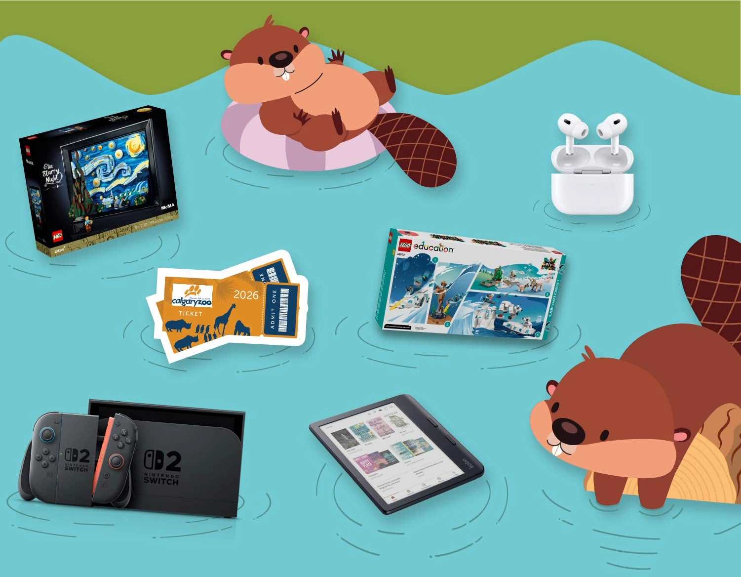 background image: Graphic of 2026 Ultimate Summer Challenge Prizes floating in the water with two beavers.  
