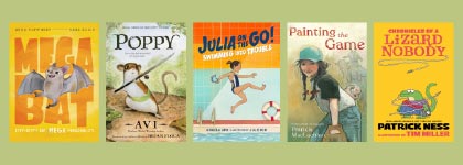 Kids Read Aloud Booklists graphic featuring five books on a green background