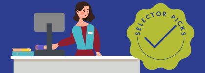 Booklist graphic of a Library staff member at a desk beside a “Selector Picks” badge.