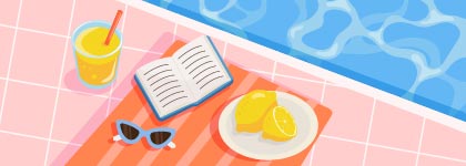 Booklist graphic of a book, sunglasses, lemonade, and sliced lemons on a towel beside a swimming pool.