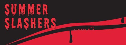 Booklist graphic with text reading “Summer Slashers” on a black and red background with a dripping red blade.