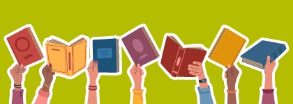 Green graphic for DIY bookclub booklist with hands holding up different colour open or closed books.