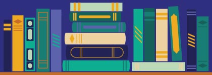 Blue, yellow and green Freedom to Read booklist graphic with books on a bookshelf