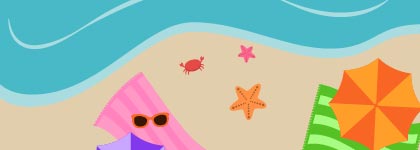 Booklist Stay Cool colourful graphic on the beach with waves, towels, umbrellas and see creatures in the sand. 