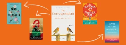 Adult book covers connected by white arrows on an orange background, featuring *The Correspondent* at the centre for a read-alike booklist