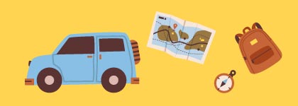 Yellow Summer Road Trip Booklist Graphic with a blue car, map, compass and backpack.