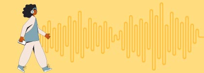 Illustration of a person wearing headphones walking beside an orange audio waveform.