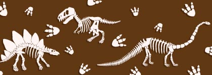 Illustration of white dinosaur skeletons and footprints on a brown background.
