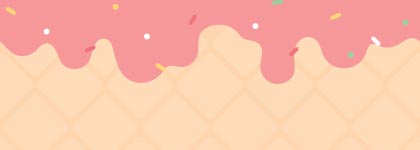 A close up Illustration of pink ice cream with sprinkles melting over a waffle cone pattern.