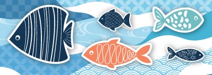Illustration of colourful fish swimming through blue waves and patterned water.