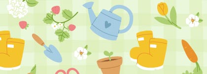 Illustration of gardening items including rain boots, a watering can, hand tools, flowers, strawberries, and a small potted plant.
