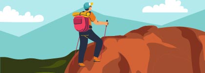 Illustration of a hiker climbing a rocky mountain with a backpack and walking poles.