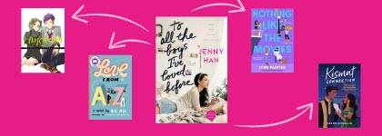 Illustration of several young adult book covers connected by white arrows on a bright pink background.
