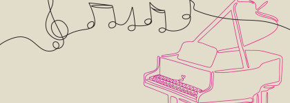 A piano and music notes formed from a single drawn line.