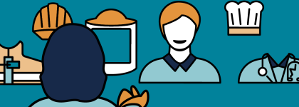 Icons representing various professions, including construction, healthcare and culinary.