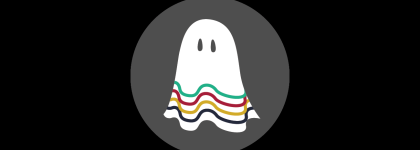 A graphic of a ghost as a sheet with eyes and coloured stripes.