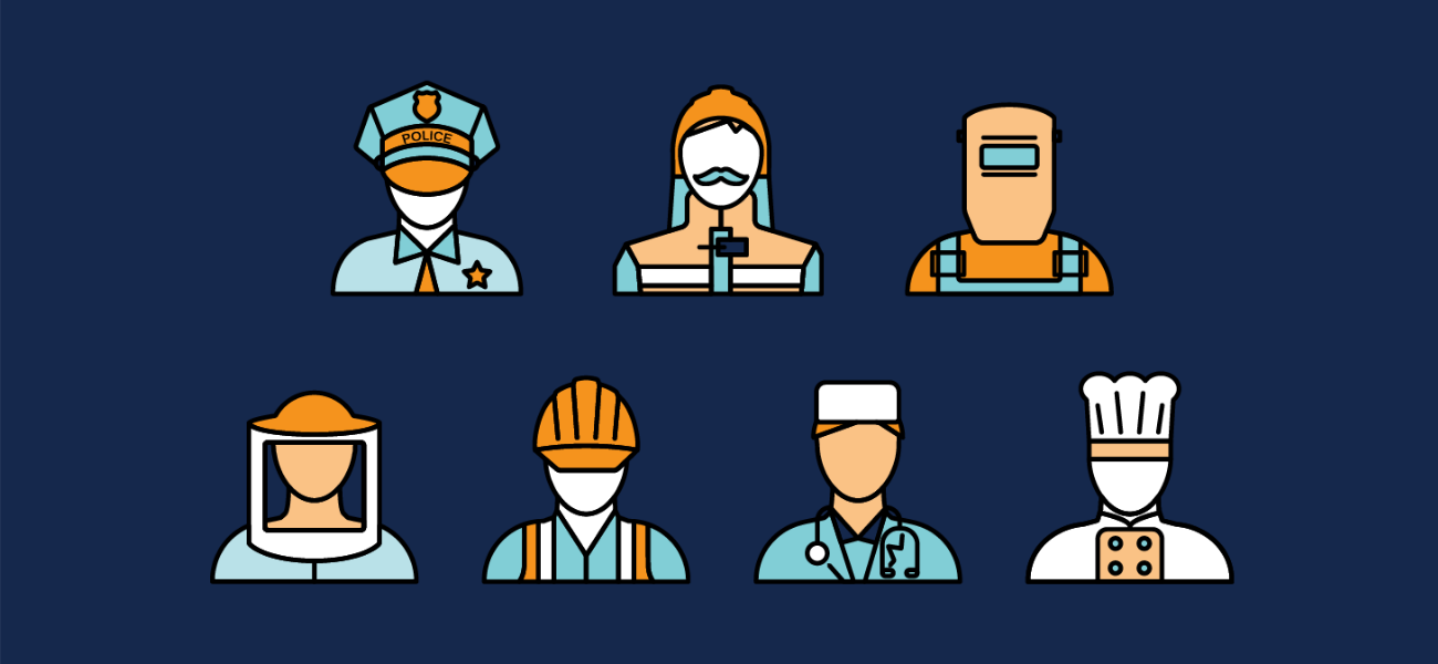 background image: Blue background with seven icons dressed in different career attire. 