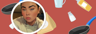 A portrait of a woman dressed as a chef with graphics of various cooking implements in the background. 