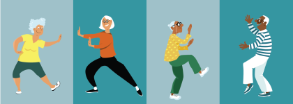 Graphics of adults doing Tai Chi poses.