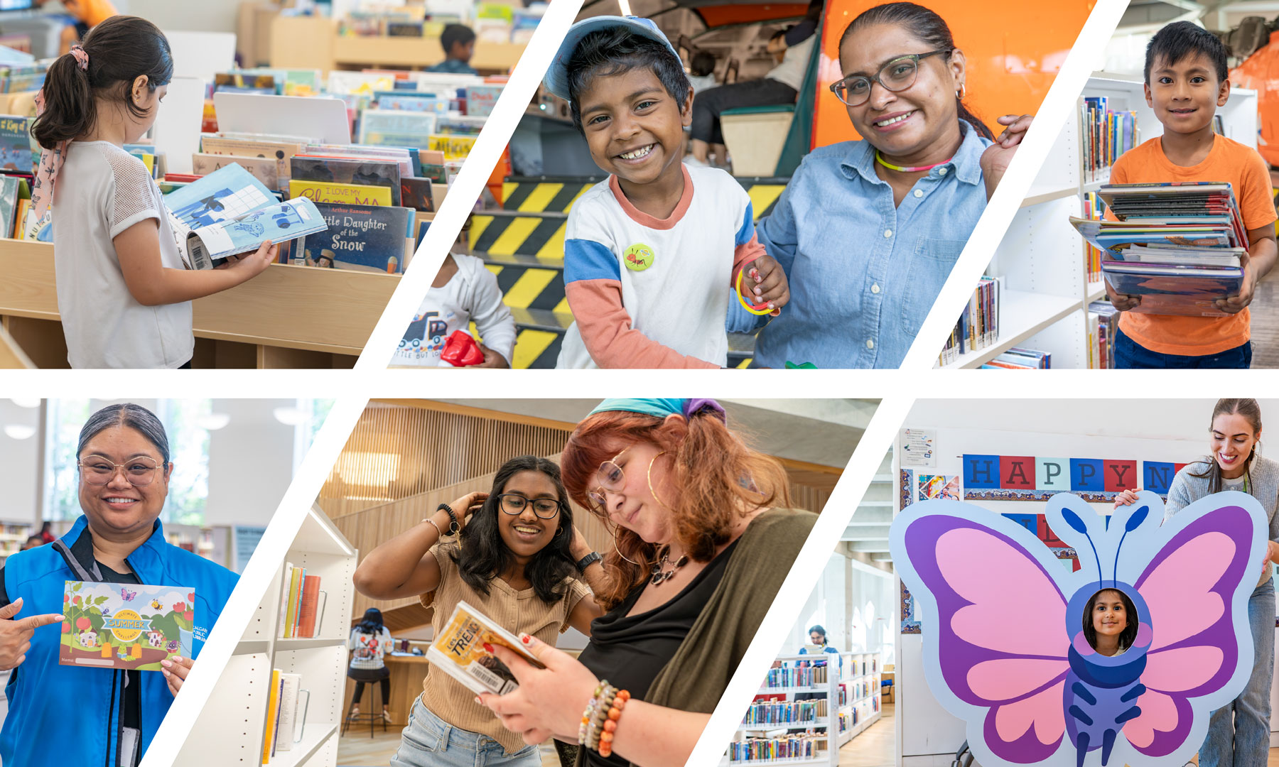 background image: six different photos of people doing different type of reading in the library. 