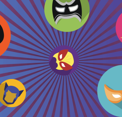 Graphic with a blue and purple striped background. In circles of various sizes are illustrations of superhero masks. 
