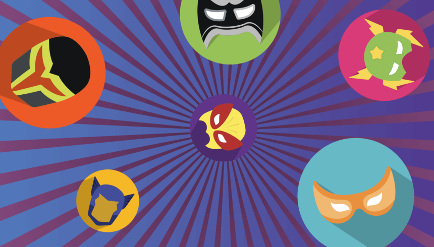 Graphic with a blue and purple striped background. In circles of various sizes are illustrations of superhero masks. 