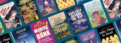 A collage of book covers arranged in a diagonal pattern, featuring titles from the “Books of the Year” selection.