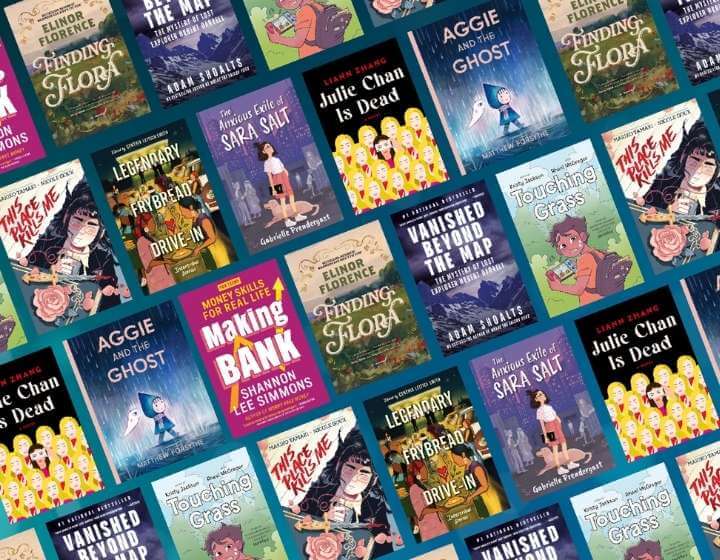 background image: A collage of book covers arranged in a diagonal pattern, featuring titles from the “Books of the Year” selection.