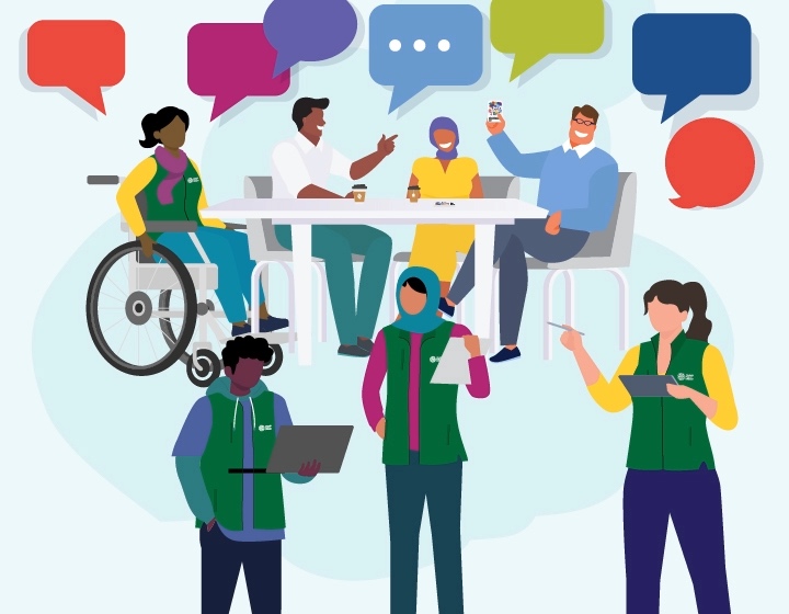 background image: Volunteer Drop-in English Practice Graphic with green vest volunteers and people sitting with speach bubbles