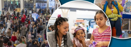 Three circular photos show Library activities: a large crowd gathered for an event in the Central Library atrium; a caregiver and two children doing a craft together; and a staff member leading a storytime with a picture book.