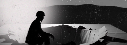 Black-and-white illustration of a silhouetted solider seated beside a large crater.
