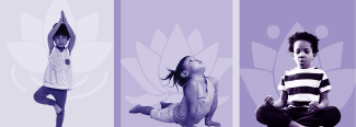 A image of three kids in different yoga poses on a purple background 
