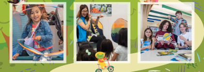 Collage showing a child playing with ribbons, a librarian reading to children, and a group of young people holding an Ultimate Summer Challenge sign.