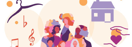Colorful illustration of a community of people surrounded by icons for clothing, music, housing, and care.