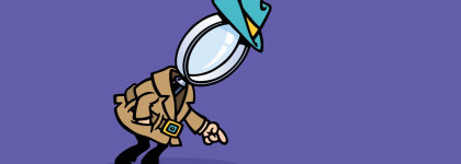 Cartoon detective with a magnifying-glass head and tilted hat examining a trail of footprints on a purple background.