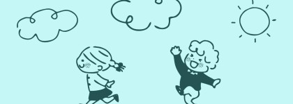 two cartoon children running on a with clouds and a sun on a blue background